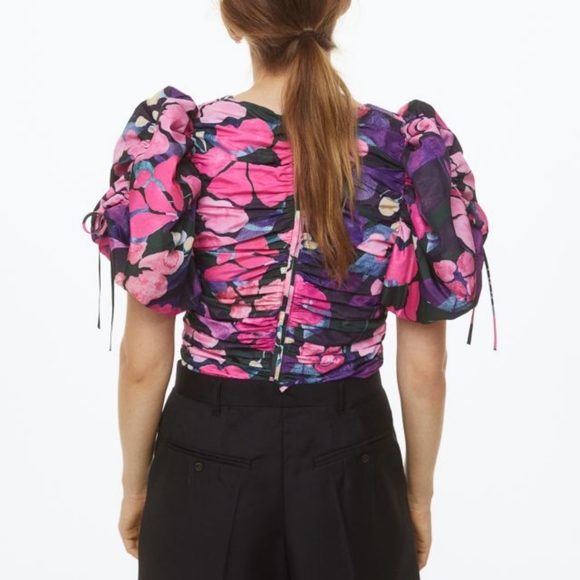H&M Gathered Puff-sleeved Blouse Blouse Colorful Floral Print Sz M. NWOT - Picture 4 of 14